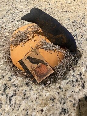 Primitive Folk Art Crow Doll On Pumpkin Pie Unique Handmade farmhouse fall
